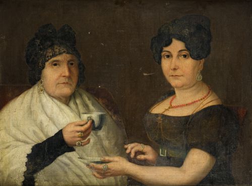ESCUELA ESPAÑOLA, "Retrato de dos mujeres tomando el té", Ó