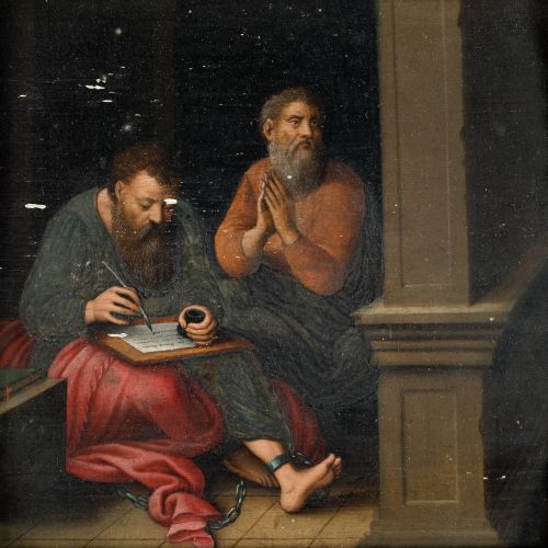 ESCUELA ESPAÑOLA , "Pareja de santos cautivos", Óleo sobre