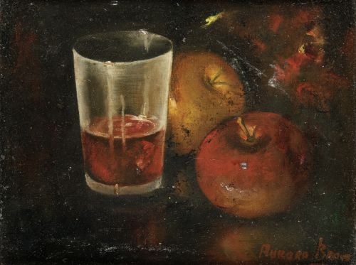 AURORA GARCIA BRAVO, "Bodegón con manzanas y vaso", Óleo