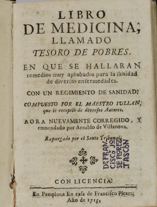 "Libro de medicina, llamado Tesoro de pobres. en que se hal