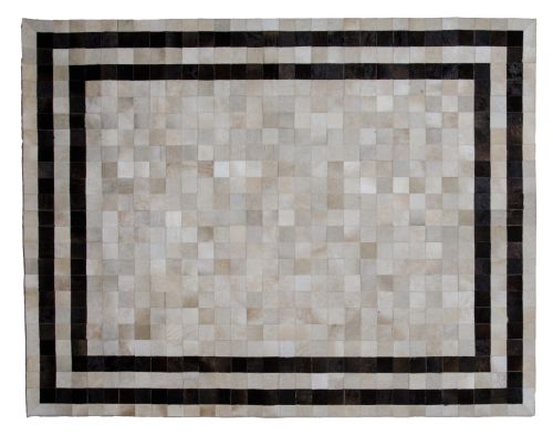 Alfombra de patchwork de piel en tonos beige y cenefa marró