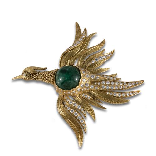 BROCHE AVE FIRMADO MUNOA DE ORO, DIAMANTES Y ESMERALDA