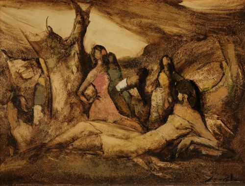  ESCUELA ESPAÑOLA, "Señoras en el campo", Óleo sobre tablex