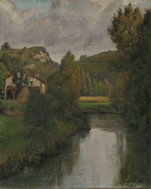 ANGEL CÁBANAS OTEIZA, "Paisaje con caserío junto a un río",