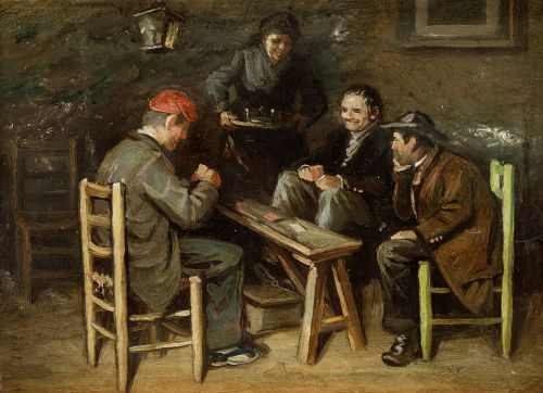 ESCUELA CATALANA , "Personajes jugando a las cartas", Óleo