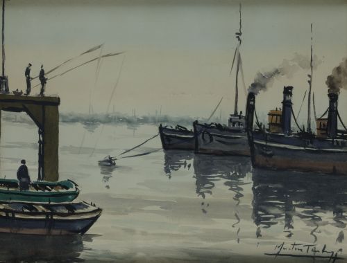 ARTURO MARTINEZ TAUBMANN , "Vista de un puerto", Acuarela s