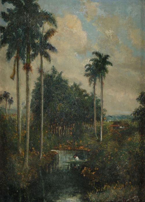 ESCUELA CUBANA , "Paisaje con campesino en un rio", Óleo so