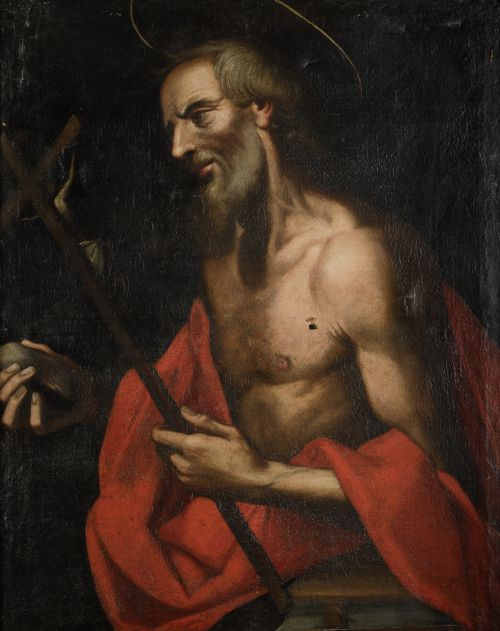 ESCUELA ESPAÑOLA, "San Jerónimo penitente", Óleo sobre lien