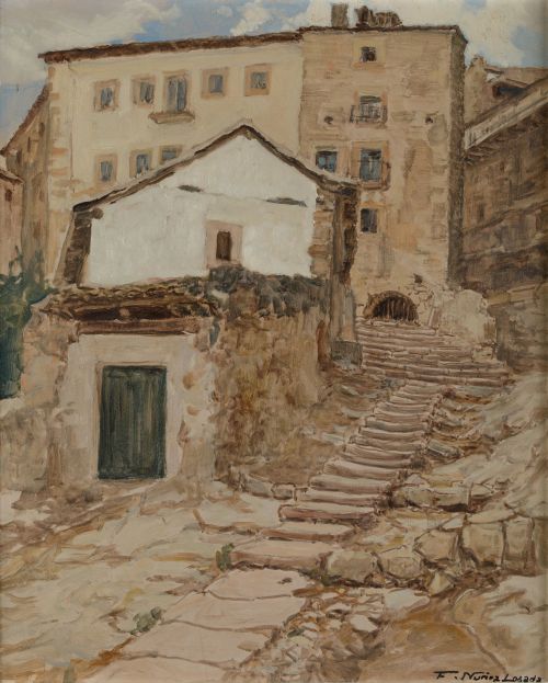 FRANCISCO NUÑEZ LOSADA, "Paisaje de pueblo", Óleo sobre car