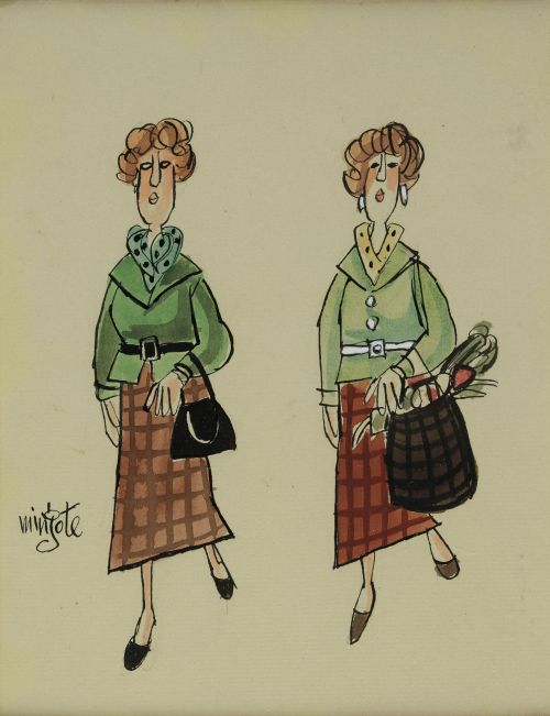 ANTONIO MINGOTE, "Dos señoras", Lápiz, tinta y acuarela sob