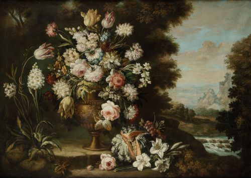 ANÓNIMO, "Florero en un paisaje", Óleo sobre lienzo.