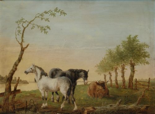 ESCUELA FLAMENCA , "Buey y caballos en un paisaje", Óleo so