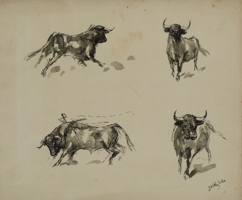 JOSÉ LUIS REY VILA, "Bocetos de toros", Tintas y aguada sob
