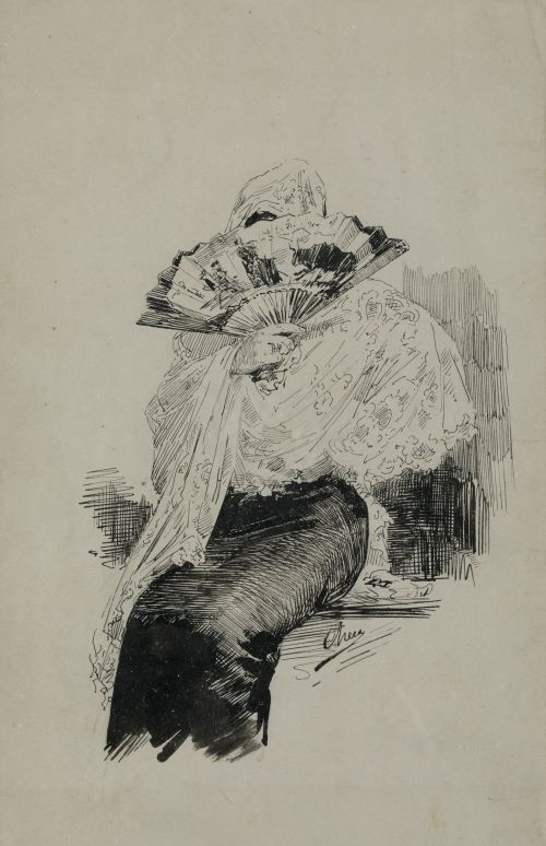 ULPIANO  CHECA Y SAIZ, “Maja detrás del abanico”, Tinta sob