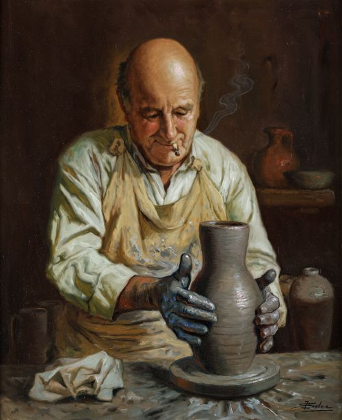 JUAN SOLER, "El alfarero", Óleo sobre lienzo