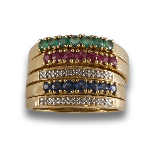 SORTIJA COMBINABLE DE ORO CON DIAMANTES, ZAFIROS, RUBIES Y
