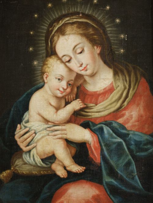 ESCUELA ESPAÑOLA , "Virgen con el Niño", Óleo sobre lienzo.