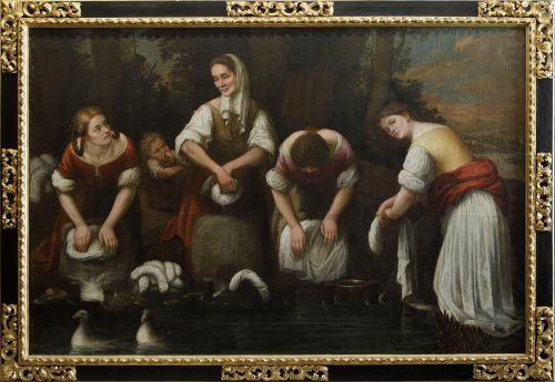 ESCUELA ITALIANA , "Las lavanderas", Óleo sobre lienzo
