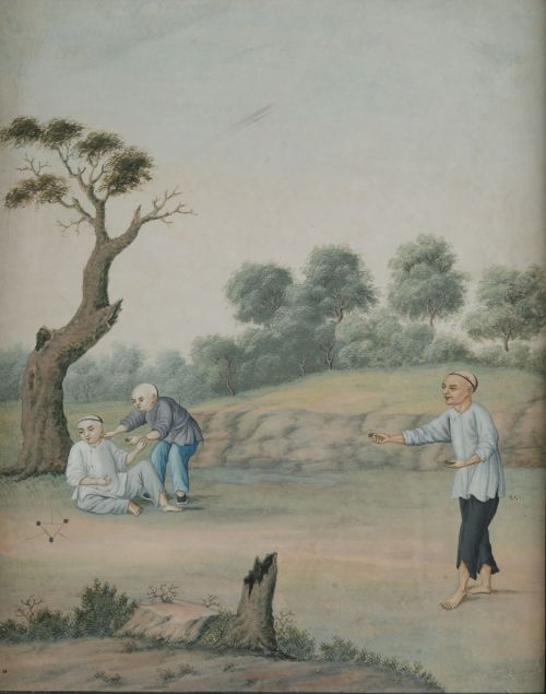 ESCUELA CHINA, "Jugando en un paisaje", Acuarela sobre pape
