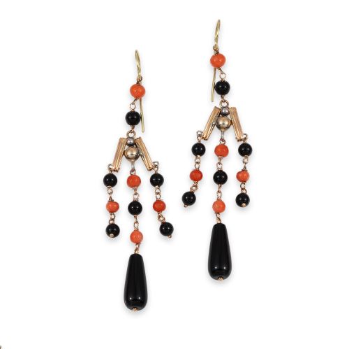 PENDIENTES LARGOS DE ORO CON ONIX Y CORAL