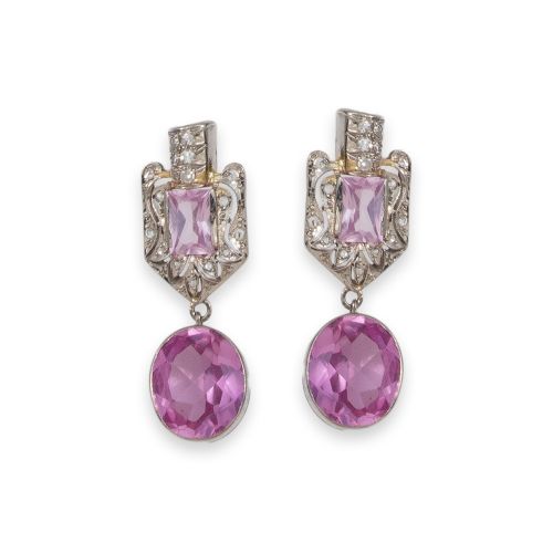 PENDIENTES LARGOS DE PLATINO CON ROSA DE FRANCIA Y PIEDRAS