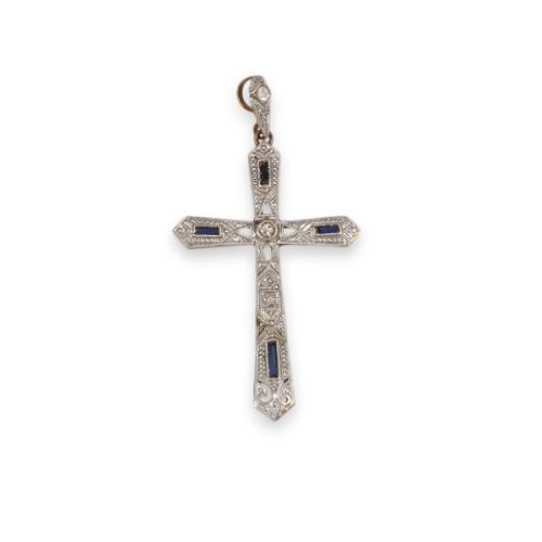 CRUZ DE ORO Y PLATINO CON ZAFIROS Y DIAMANTES