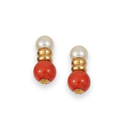PENDIENTES DE ORO, CORAL Y PERLAS