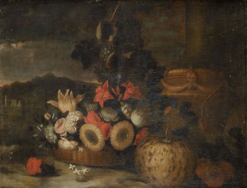 ANÓNIMO, "Bodegones con flores y frutos en un paisaje", Par