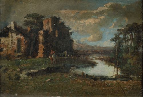 ESCUELA ESPAÑOLA, "Paisaje con campesinos junto a unas ruin