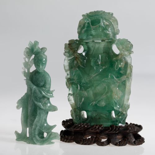 Jarrón y guanyin de jade tallado, China, S. XX