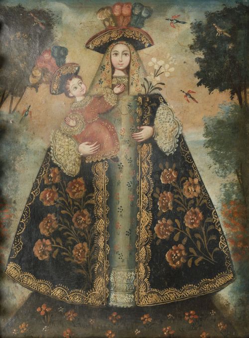 ESCUELA CUZQUEÑA , "Virgen con el Niño", Óleo sobre lienzo
