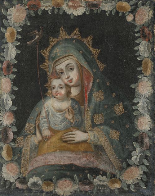 ESCUELA CUZQUEÑA , "Virgen con el Niño y un pajarito", Óleo