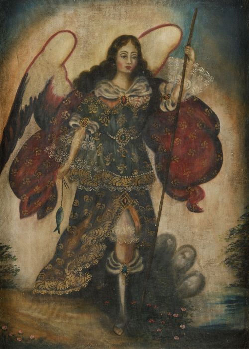 ESCUELA CUZQUEÑA, "El arcángel san Rafael", Óleo sobre lien