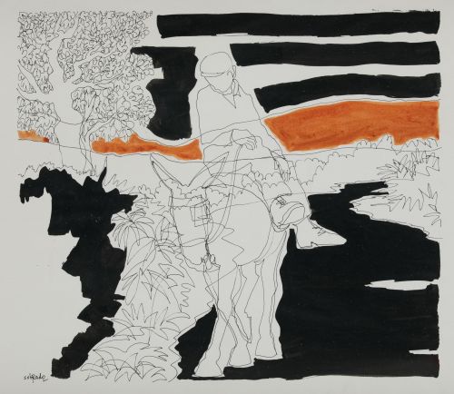 PEDRO SOBRADO, "Campesino y burro", Acuarela y tinta sobre