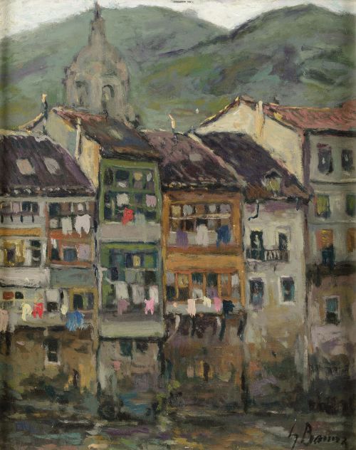 CARMELO GARCÍA BARRENA, "Fachadas", Óleo sobre cartón