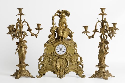 Guarnición de candelabros y reloj Napoleón III, Francia, ff
