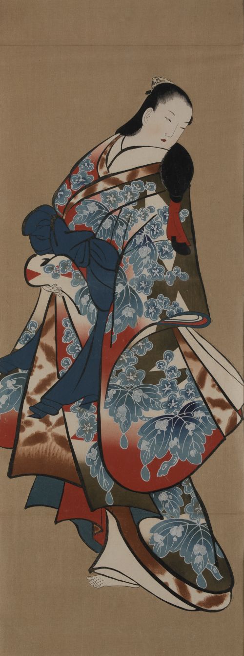 OKUMURA MASANOBU, "Figura con kimono azul", Grabado japonés