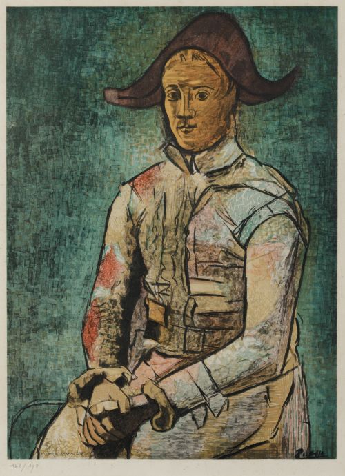 PABLO PICASSO (DESPUES), "Arlequin sentado", Litografía y f