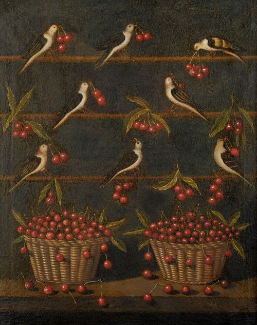 ¿ESTUDIO CANALS? , "Pájaros y cestas con cerezas", Óleo sob