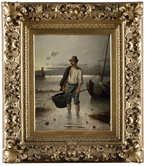 LOUISE GARCIN, "Pescador", Óleo sobre tabla.