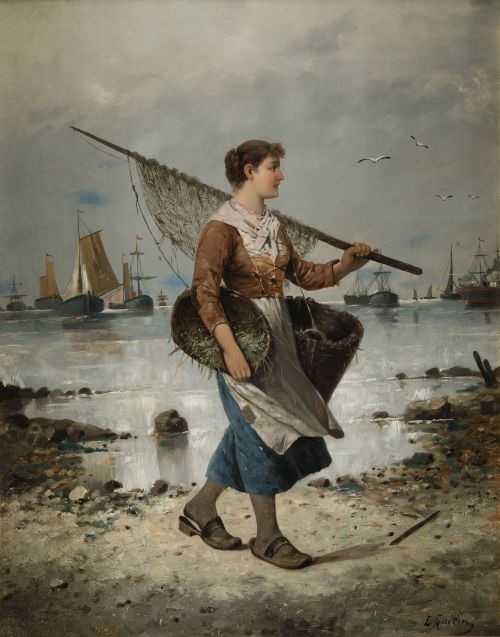 LOUISE GARCIN, "Pescadora", Óleo sobre tabla.
