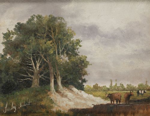ANÓNIMO , "Paisaje con vacas", Óleo sobre lienzo