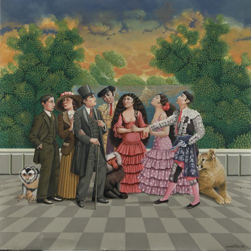 ISABEL VILLAR, "Gitanas y toreros", 1976, Óleo sobre lienzo