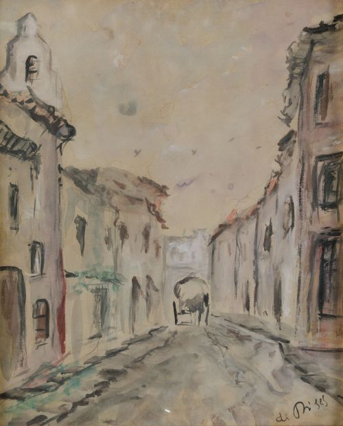FILIPPO DE PISIS, "Calle y carro", Acuarela sobre papel
