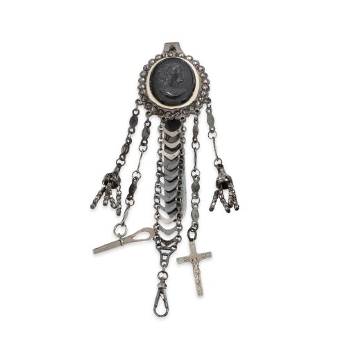 CHATELEINE DE METAL PLATEADO Y AZABACHE