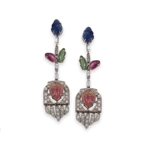 PENDIENTES LARGOS ESTILO TUTTI-FRUTTI DE PLATINO CON DIAMAN