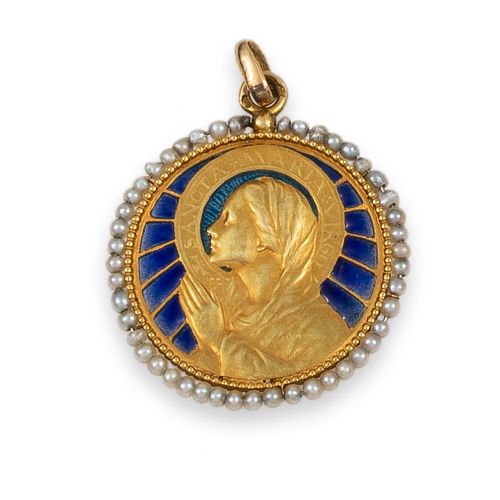 MEDALLA DE ORO DE LA VIRGEN CON ESMALTES Y PERLAS