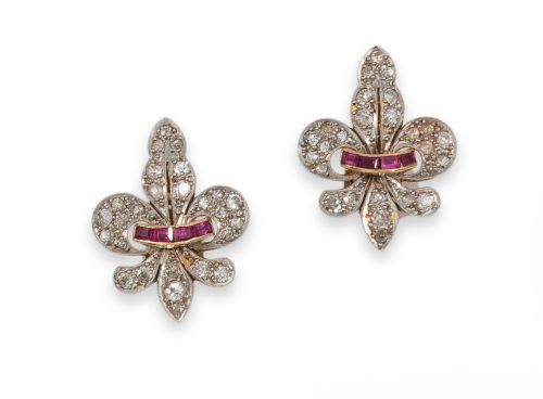 PENDIENTES FLOR DE LYS DE ORO, PLATINO Y DIAMANTES