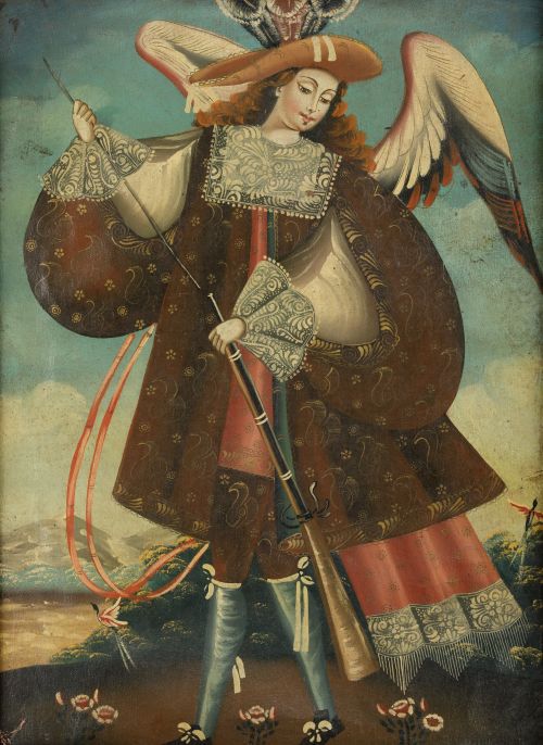 ESCUELA CUZQUEÑA , "Ángel arcabucero", Óleo sobre lienzo.