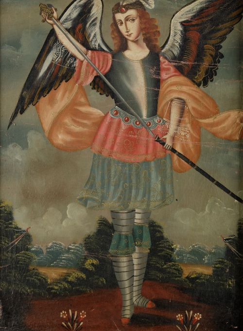 ESCUELA CUZQUEÑA , "San Miguel arcángel", Óleo sobre lienzo